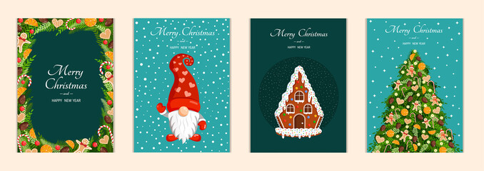 Set of cute Christmas cards. Collection of vector New Year illustrations with fir branches, gingerbread house, hom and Christmas tree.