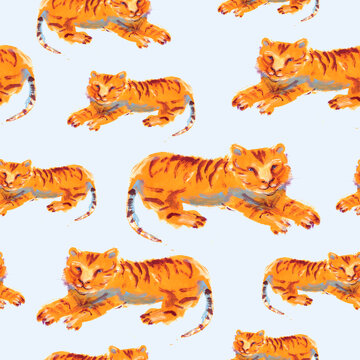 Trendy seamless pattern with hand drawn tigers
