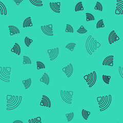 Black line Wi-Fi wireless internet network symbol icon isolated seamless pattern on green background. Vector
