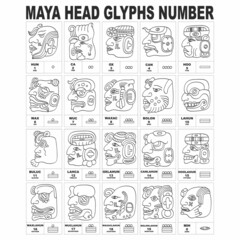 Vector icon set with Mayan numerals. Mayan head glyphs and maya numbers  