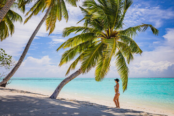The girl stands and admires the views of the paradise beach on the island with turquoise water and...