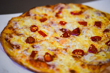 close up view of the italian home made pizza dish