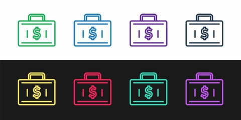 Set line Briefcase and money icon isolated on black and white background. Business case sign. Business portfolio. Financial management. Vector