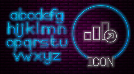 Glowing neon line Financial growth icon isolated on brick wall background. Increasing revenue. Neon light alphabet. Vector