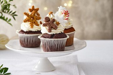 Christmas fruit cake with christmas decor. Copy space.Christmas atmosphere.