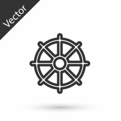 Grey line Dharma wheel icon isolated on white background. Buddhism religion sign. Dharmachakra symbol. Vector