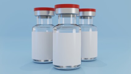 a medical immunization vaccine vials isolated on blue background with blank labels 3D rendering