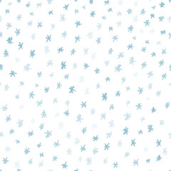 Snow seamless pattern isolated on white background. Overlay transparent texture elements. Hand-drawn ink brushes graphic design. Nature winter or autumn weather backdrop. Flat blue illustration