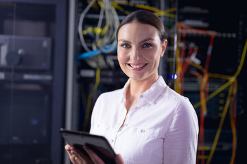 Portrait of caucasian female engineer holding digital tablet smiling in computer server room