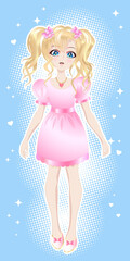 Blonde girl, in a pink dress in the style of anime, manga.