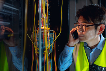 Asian male engineer talking on smartphone while inspecting in computer server room