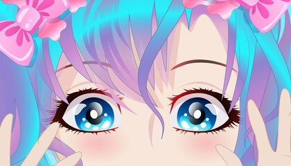 Fototapety  Cute girl with blue hair and blue eyes in anime style.