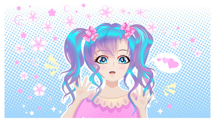 Beautiful girl with blue hair and blue eyes in anime style. Halftone pink background.