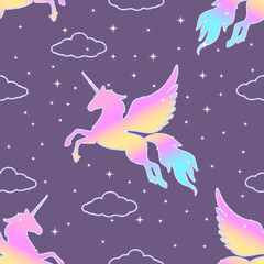 Obraz na płótnie Canvas Flying unicorns silhouettes seamless pattern. Pink and blue silhouettes of pegasus.