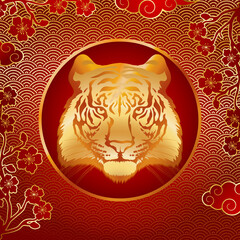 Tiger head. Gold silhouette of a tiger head on a red background with a pattern.