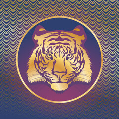 Tiger head. Gold silhouette of a tiger head on a blue background with a pattern.