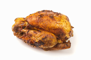Vue rapprochée de délicieux poulet grillé entier isolé sur fond blanc