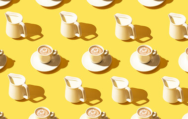 There is a beautiful pattern of white coffee cups on a light yellow background. Wallpapers for your phone or large print volumes.