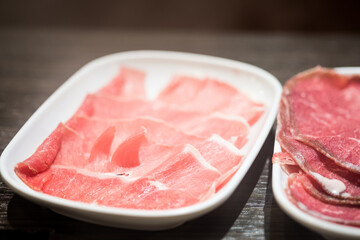 Raw pork meat ready for cooking sukiyaki