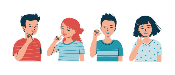 Fototapeta premium Happy smiling girls and boys with dental braces. Kids with orthodontic treatment show bracket system. Flat vector illustration isolated on white background 