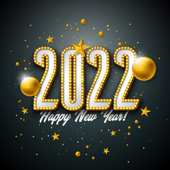Naklejka premium 2022 Happy New Year Illustration with 3d Light Bulb Typography Lettering and Christmas Ball on Black Background. Vector Holiday Design with Shiny Bright Lights for Flyer, Greeting Card, Banner