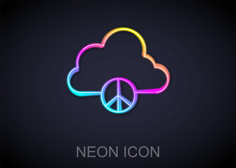 Glowing neon line Peace cloud icon isolated on black background. Hippie symbol of peace. Vector