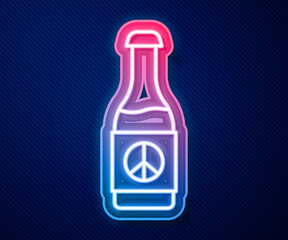 Glowing neon line Beer bottle icon isolated on blue background. Vector