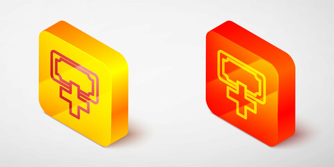 Isometric line Donation and charity icon isolated on grey background. Donate money and charity concept. Yellow and orange square button. Vector