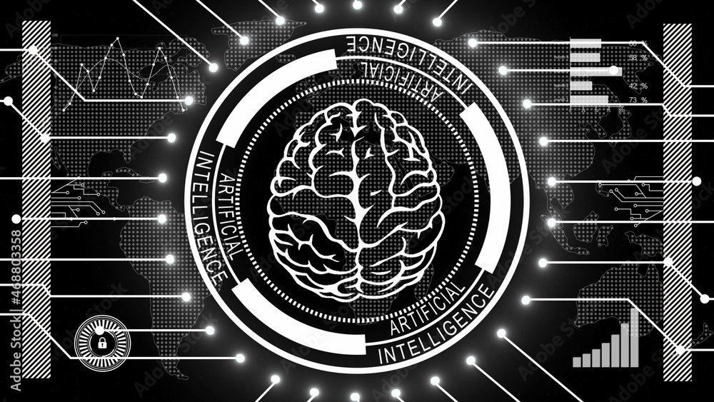 Poster brain symbol centered in artificial intelligence lettering on ring elements - symbolic of ai artific