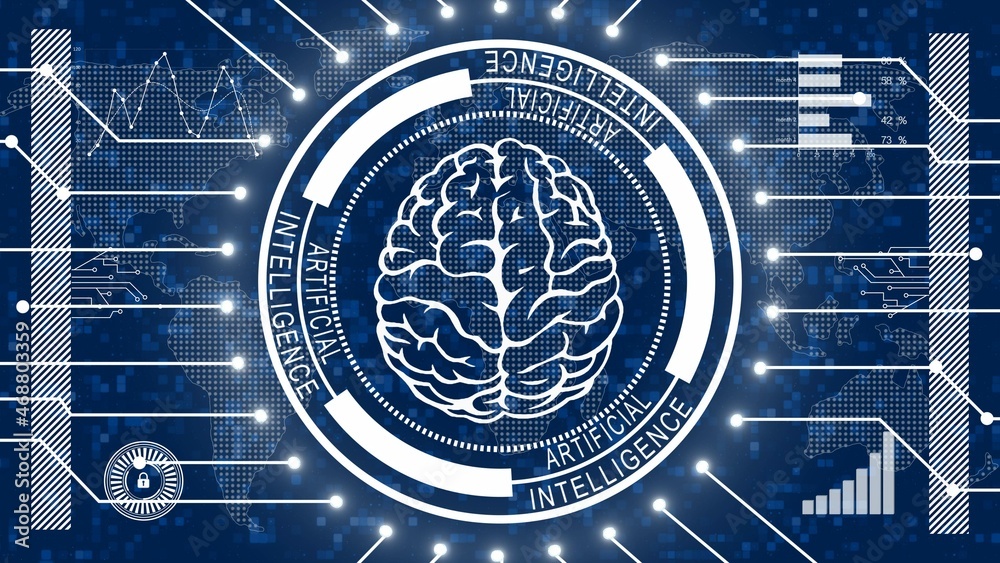 Poster brain symbol centered in artificial intelligence lettering on ring elements - symbolic of ai artific