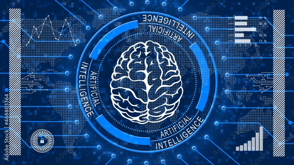 Poster brain symbol centered in artificial intelligence lettering on ring elements - symbolic of ai artific