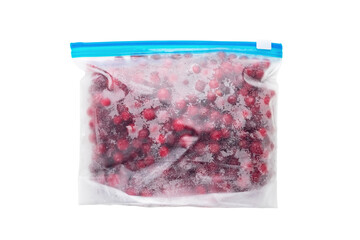 Frozen cranberries in a zip lock bag. Isolated on a white background.