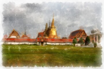 Fototapeta na wymiar The Grand Palace Bangkok Thailand watercolor style illustration impressionist painting.