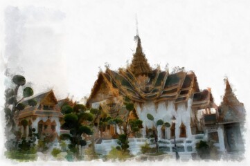 The Grand Palace Bangkok Thailand watercolor style illustration impressionist painting.