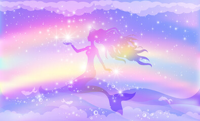 Obraz na płótnie Canvas Silhouette of a princess mermaid swimming in the sea against the background of a rainbow sky with stars.