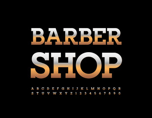 Fototapeta na wymiar Vector premium logo Barber Shop. Metallic classic Font. Gold Alphabet Letters and Numbers set