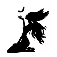 Silhouette of a girl with wings and a feather.