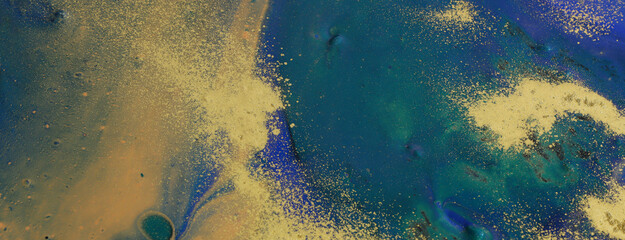 art photography of abstract marbleized effect background with black, gold and blue creative colors. Beautiful paint.