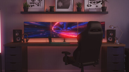 Games room with a cyber gamer computer. 3d render of neon lighting