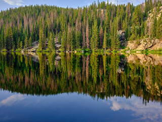 Fototapeta na wymiar pine trees and granite rocks reflected in the perfectly clear and calm waters of Bear Lake in Colorado