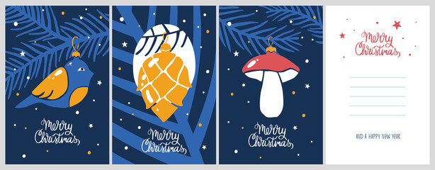Cute Christmas set. Cozy greeting cards or posters with Christmas tree decoration (bird, pine cone, mushroom) and 