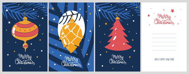 Cute Christmas set. Cozy greeting cards or posters with Christmas tree decoration (garland, pine cone, spruce) and 