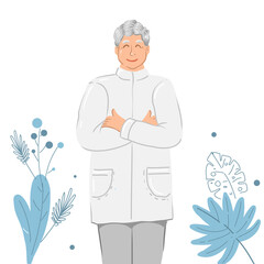 Old doctor standing crossed arms with modern florals background