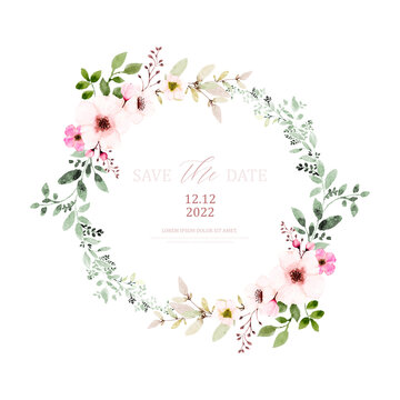 Watercolor wreath design with pink flowers and leaves