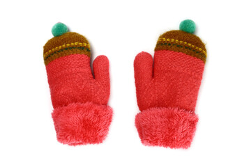 Winter knitted children's mittens, isolated gloves on white