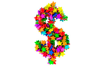 Dollar symbol from colored stars, 3D rendering