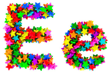Letter E from colored stars, uppercase and lowercase letters. 3D rendering