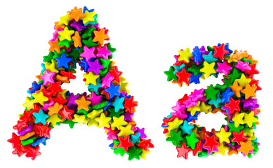 Letter A from colored stars, uppercase and lowercase letters. 3D rendering