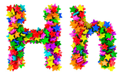 Letter H from colored stars, uppercase and lowercase letters. 3D rendering