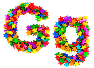 Letter G from colored stars, uppercase and lowercase letters. 3D rendering